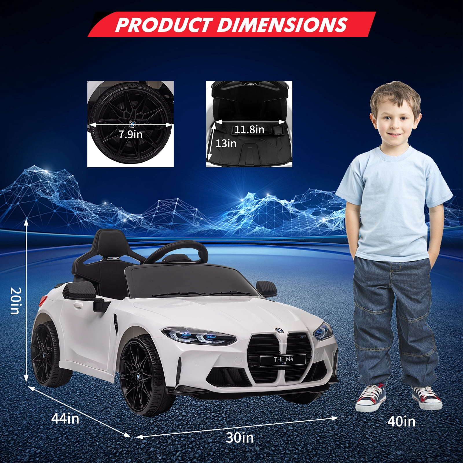 Joyspirit BMW M4 Licensed Remote Control Electric Ride-On Car for Kids - Bluetooth, 3-Speed, LED Lights, Suspension System, White, Ideal for Ages 37-83 Months