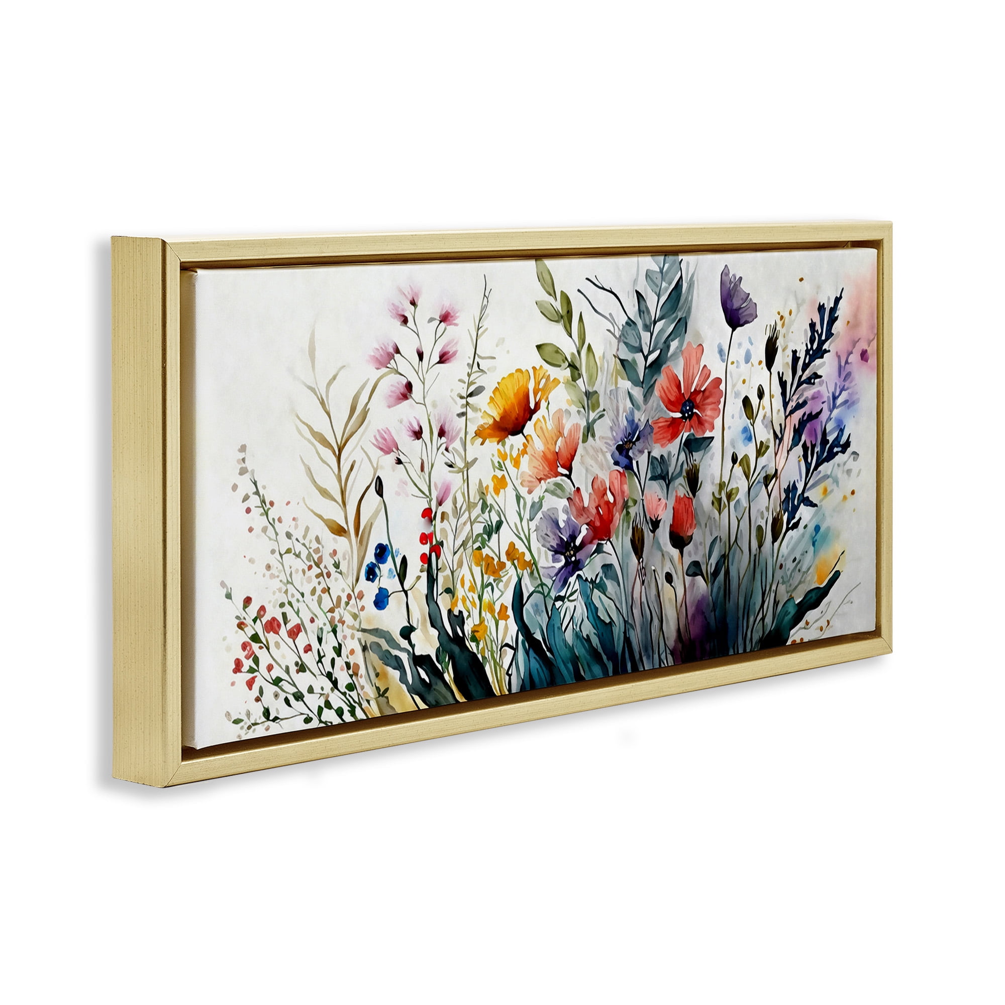 Stupell Industries Bold Floral Hues Blooming Nature Botanical & Floral Painting Gold Floater Framed Canvas Art Print Wall Art, 25 x 11