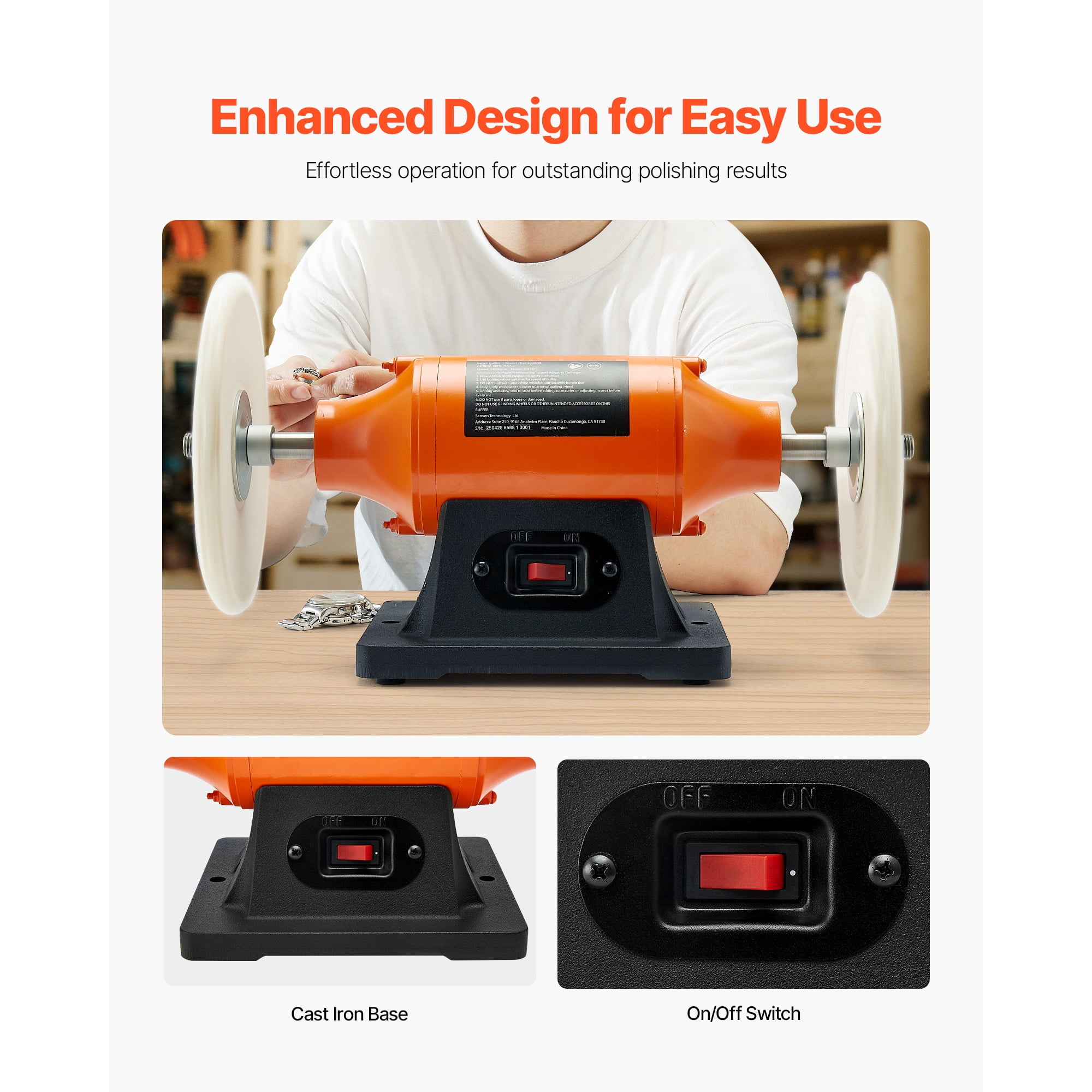 KFFKFF 3/4HP Bench Buffer Polisher, 8-inch Polishing Machine, 3450RPM Single Speed Benchtop Tool with 2 Cloth Wheels & Durable Cast Iron Base for Metal, Jewelry, and Wood Finishing