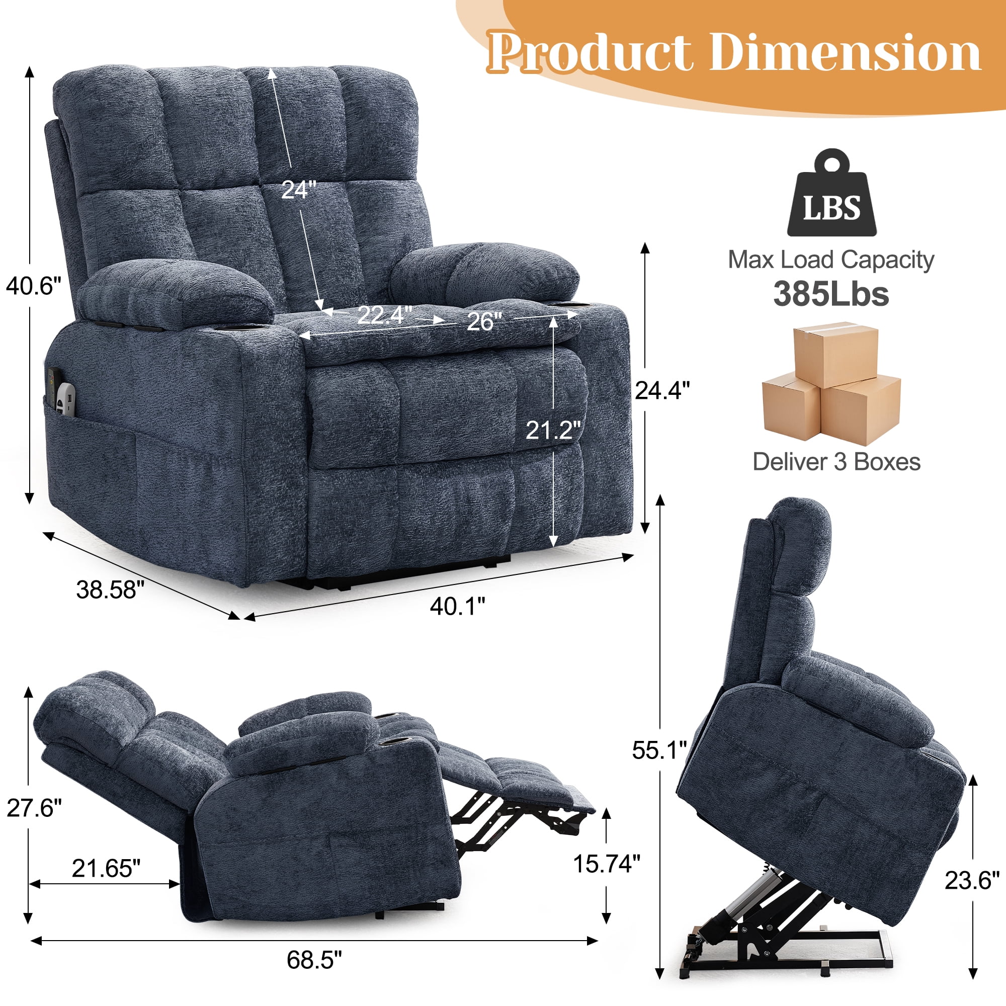 Korser Oversized Dual Motor Power Lift Recliner for Elderly with Adjustable Headrest,Massage Recliner Chair with USB Ports & Type C Electric Lift Chair with Storebox Cupholder for Living Room,Blue
