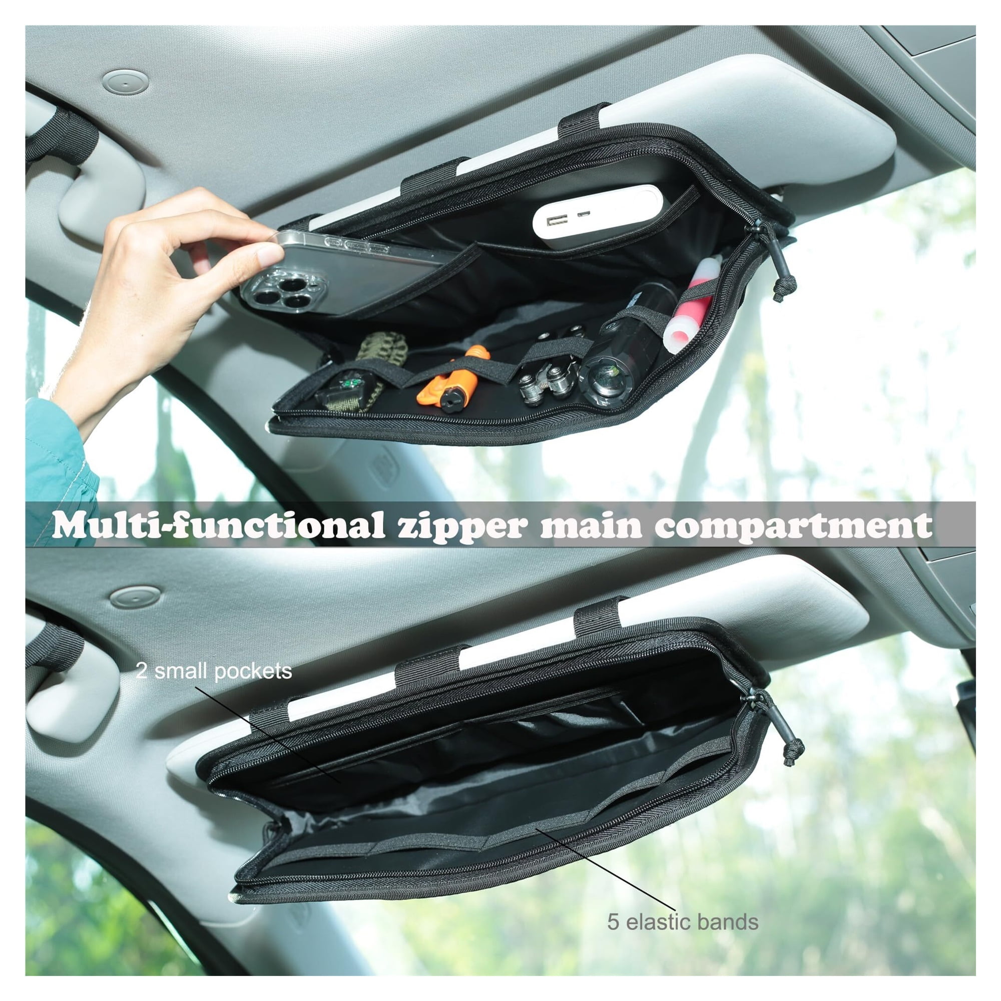 Heavy Duty Molle Car Sun Visor Organizer-Tactical Car Accessories with Zipper Visor Storage Pouch,Glasses Clip and Card Sleeve Pocket, Multi-Pocket Visor Organizer Storage Pouch for Cars SUVs Trucks