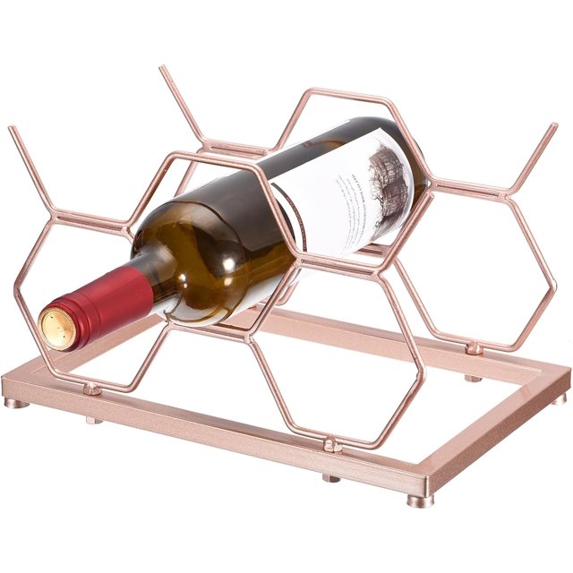 Portabotellas de sobremesa para hasta 5 botellas estándar, botellero hexagonal independiente para mueble bar o bodega, color rosa