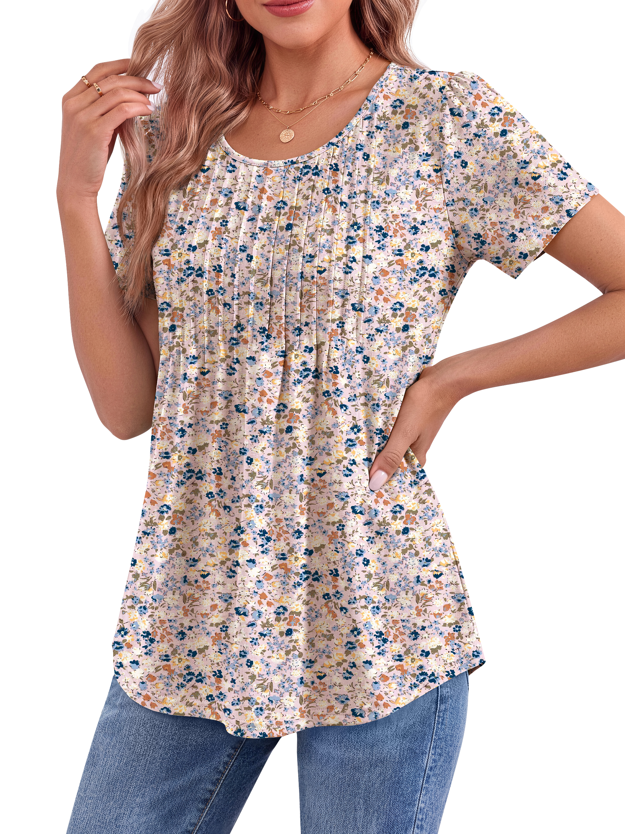 Fantaslook Women's Pleated Tunic Blouse, Short Sleeve, Pink photo 2