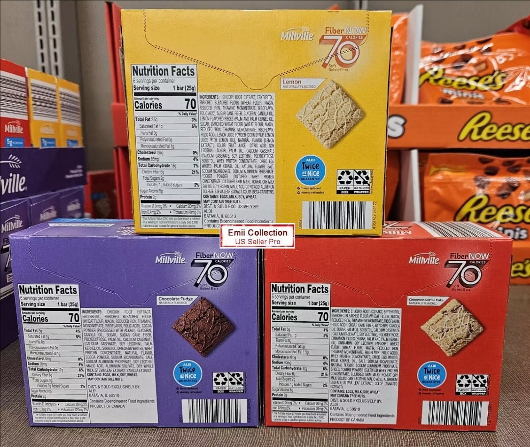 Millville Fiber NOW 70 Calories Soft Baked Bars Lemon, Chocolate Fudge, Cinnamon Coffee Cake 5.29oz 150g (3 Boxes)