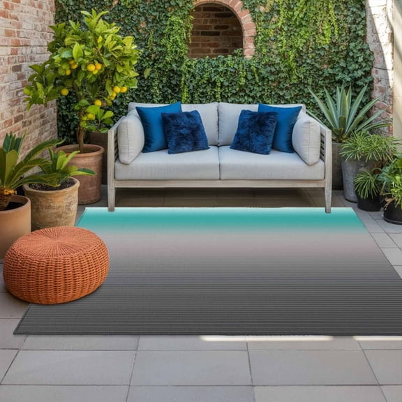 Outdoor Rug 3x5 ft Ombre Grey Teal Outdoor Large Area Rug Non Slip Rubber Gradient Stripes Front Door Mat RV Rug Camping Carpet Patio Outdoor Rugs for Backyard Balcony Deck Porch Indoor