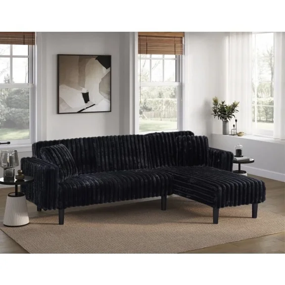 Black Corduroy Reversible Sectional Sofa Bed with USB & Pillows, Modern Living Room Convertible L-Shaped Couch