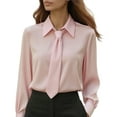 thumbnail image 2 of Women's French Collar Long Sleeve T-Shirt with Matching Tie, Solid Color Business Casual Blouse, Elegant Pullover Top for Work, Office, Fall Spring Daily Outfits Pink XL, 2 of 9