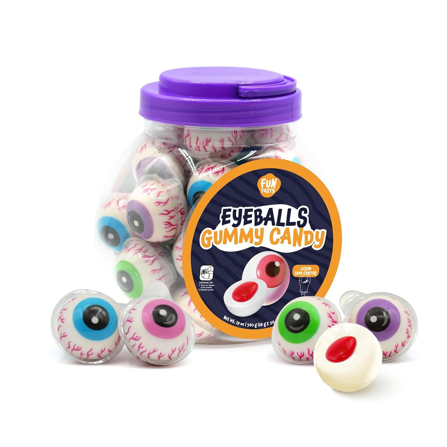 Halloween Candy - Funtasty Eyeballs Gummy Candy - Strawberry Jam Center, 19-Ounce Jar (30 Count)