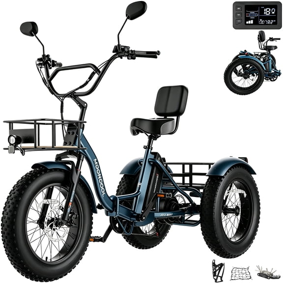 MOONCOOL Adult Folding Electric Tricycle , 20" x 4" Fat Tire, 48V 500W Motor w/ 1092W Peak Power Electric Bicycle, 7 Speed Ebike w/ 14.5Ah UL2849 (By SGS) Battery,60 Miles, 15.5 MPH,Class 2