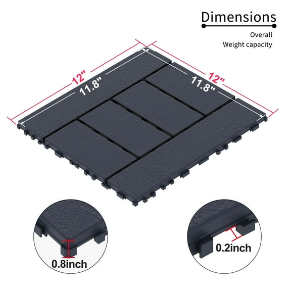 H Style 12" Patio Deck Tiles, DIY Module Interlocking Decking Tiles Floor Tile,Easy and Quick Installation Court Tiles for Porch Poolside Balcony Backyard 44pcs DARK GRAY