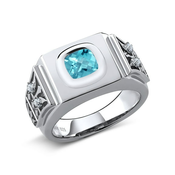 Gem Stone King 925 Silver Cushion Checkerboard Swiss Blue Topaz Men's Ring 2.81 Ct (Size 12)