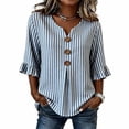 thumbnail image 2 of Hfnxid Women 3/4 Sleeve Shirts Loose Fit Ruffle Shirt Striped Button V Neck Blouses Solid Color Fall Clothes Light Blue XL, 2 of 6