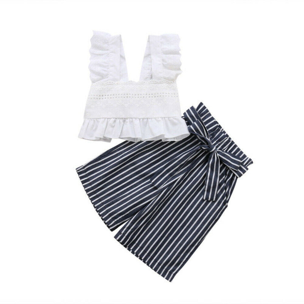 Cute toddler girls ruffled crop top and striped pants