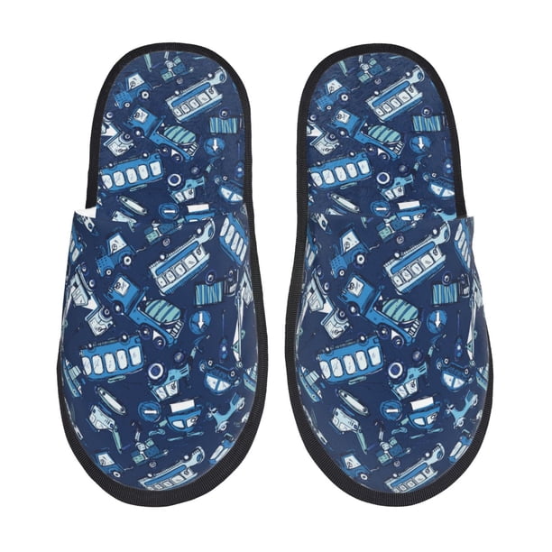 Balery Blue Bus Pantuflas de Casa de Felpa Silenciosas con Diseño Estampado, Zapatillas Cómodas Antideslizantes de Algodón para Interior-Large
