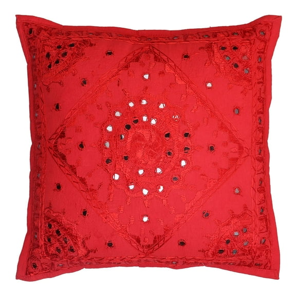 Stylo Culture Ethnic Sofa Throw Pillow Cover 16x16 Hand Embroidered Red Boho 40cm x 40cm Living Room Toss Pillow Case Cotton Mirrored Square Cushion Cover | 1 Pc