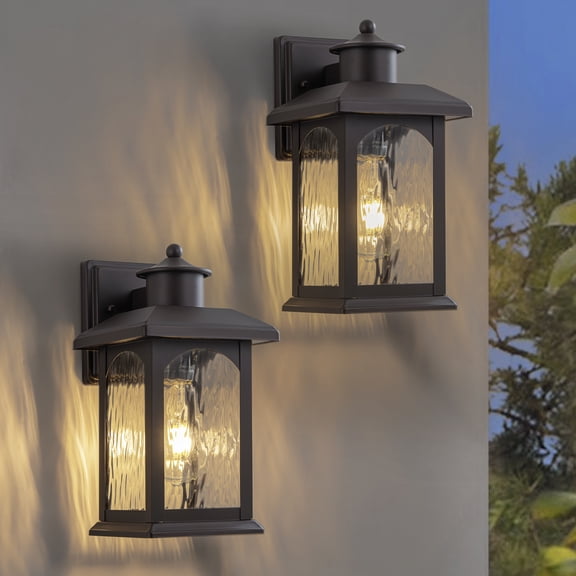 C Cattleya 2-Pack 12in. Oil Rubbed Bronze Outdoor Wall Lantern with Water Ripple Glass
