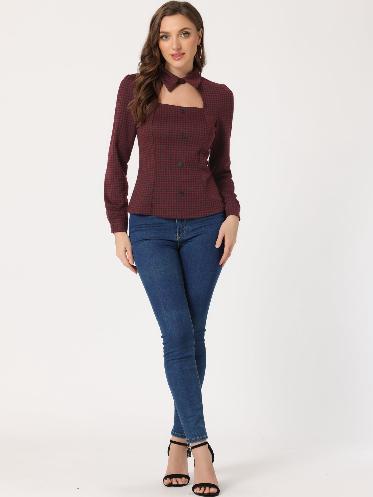 DARING DIVA Puff Long Sleeve Elegant Blouse Top L Dark Red