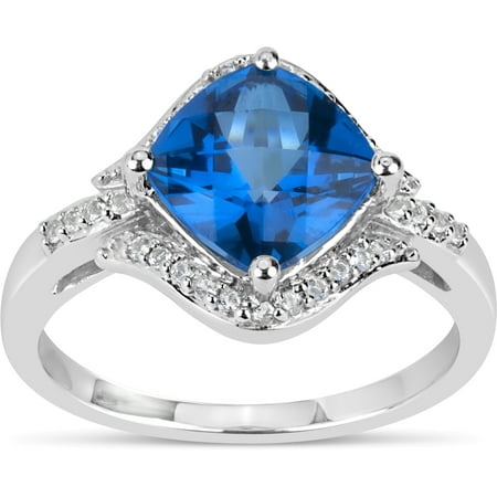 Cushion Kashmir Blue Topaz And Round White Topaz Swarovski Genuine Gemstone Sterling Silver Rhodium Ring