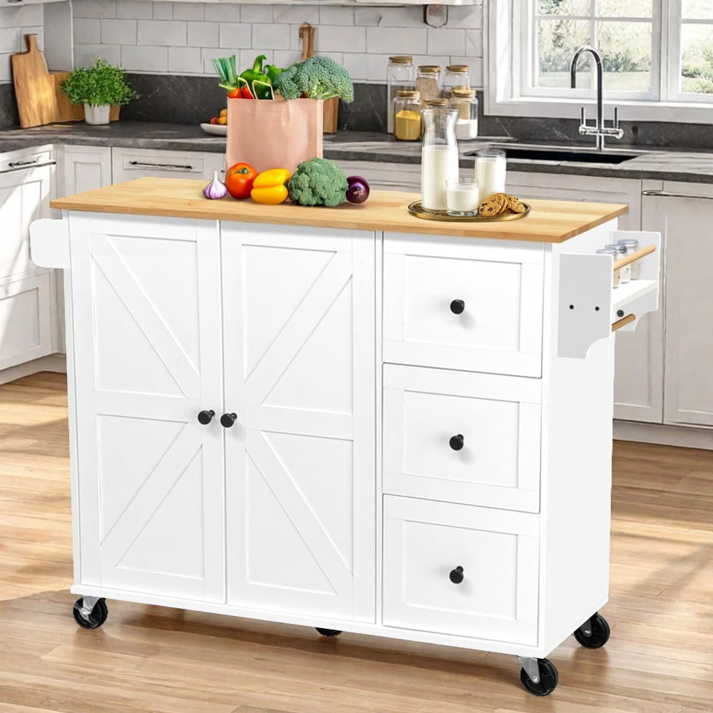 【HOSTK】White Rolling Kitchen Island Cart with Storage Cabinet, Drawer, Wine Rack & 2 Adjustable Shelves, Mobile Kitchen Storage Cabinet on Wheels