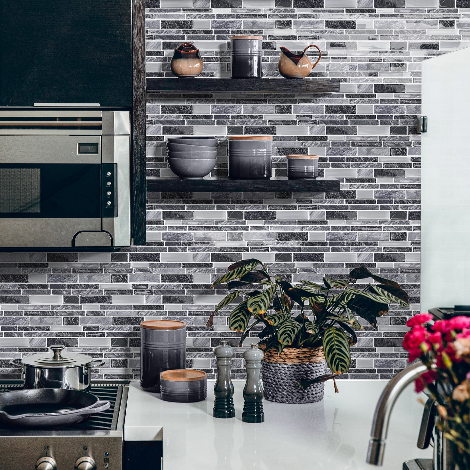 10Piece Black Gray Marbling Tiles Stickers 4.72 x 9.68inch DIY Decor 3D Wall Decals Self Adhesive Waterproof Peel and Stick Backsplash