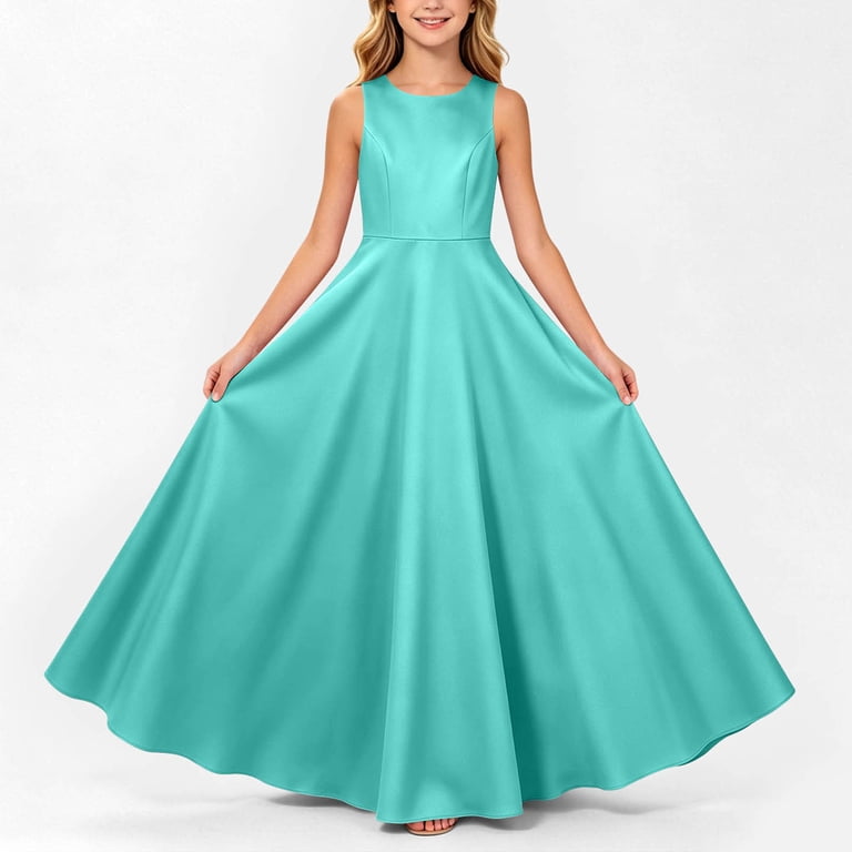 mint graduation dresses AHTJRT for Girls Satin Silk Crew Neck Sleeveless Pleated Flowy Maxi Dress Elegant Party Chorist Bridesmaid Dresses Green 7-8 Years popover