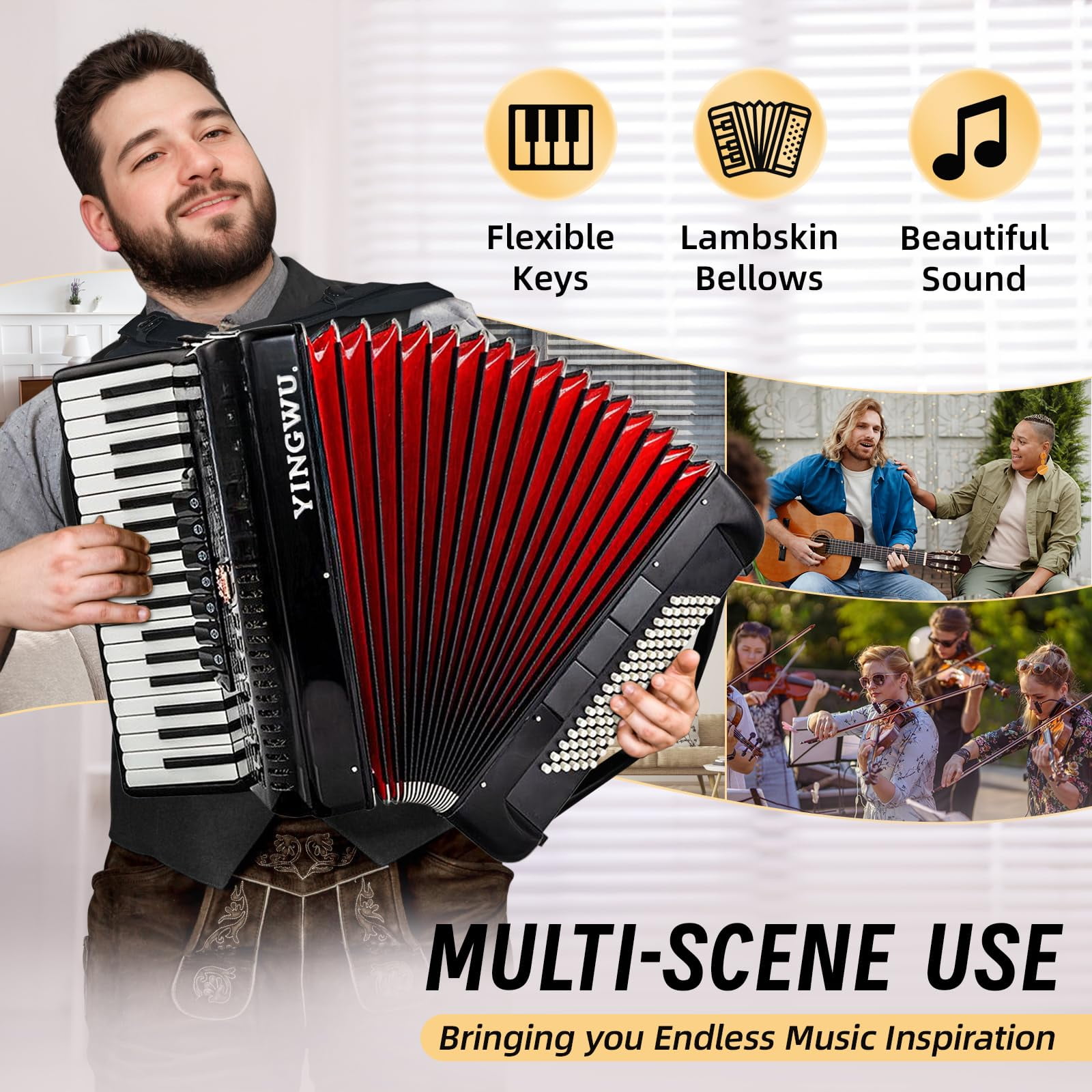 Accordion, 37 Keys 96 Bass Professional Accordion for Beginners and Advanced Players with Backpack and Strap