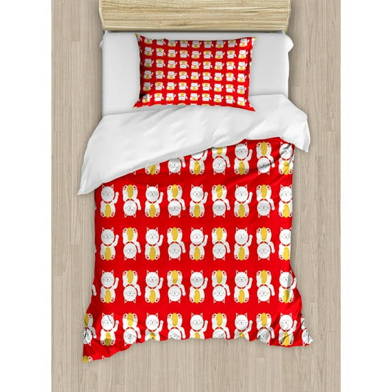 Japanese Cat Duvet Cover Set Twin Size, Lucky Maneki Neko Luck Fortune Prosperity Backdrop, Decorative 2 Piece Bedding Set with 1 Pillow Sham, Vermilion White Mustard, by Ambesonne