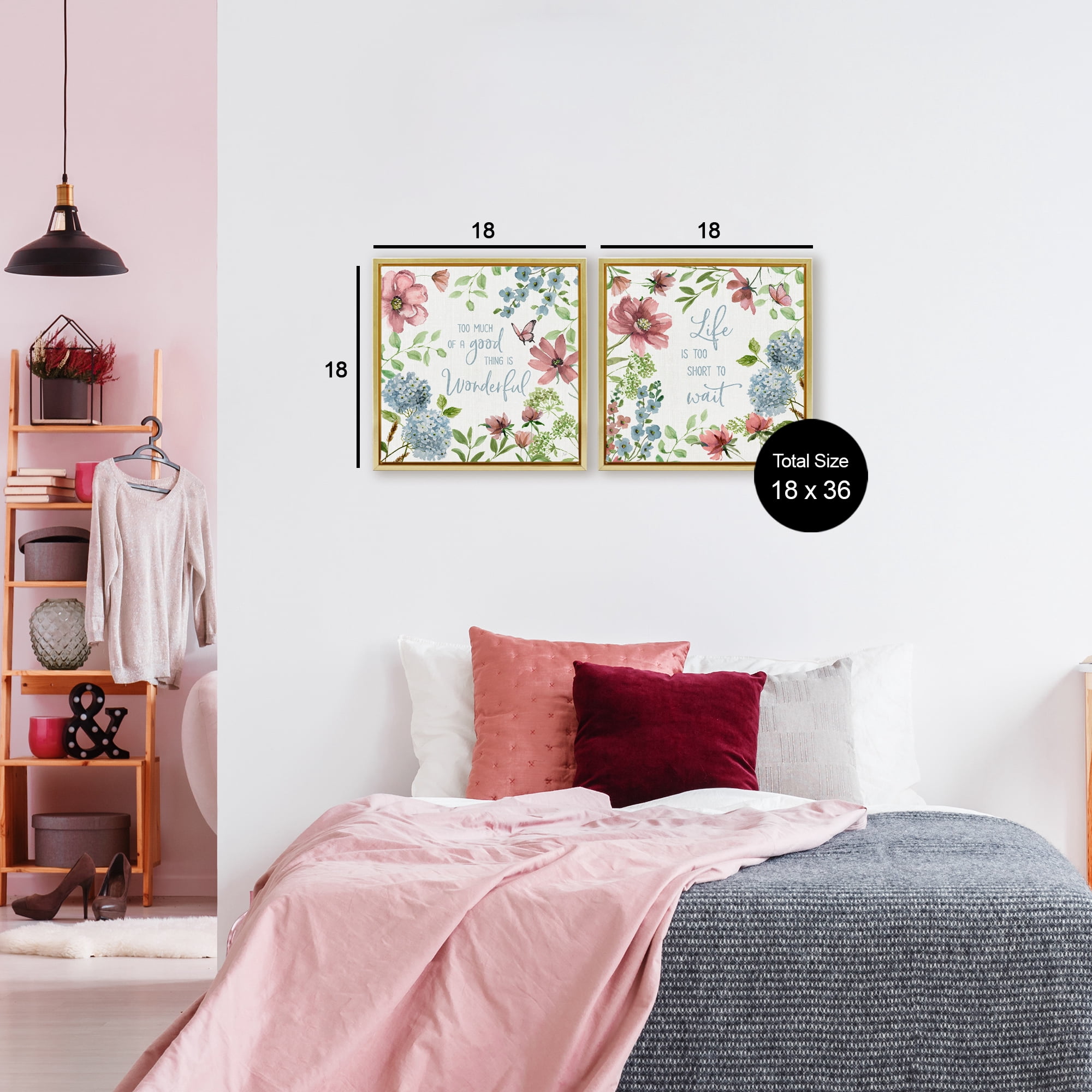 Stupell Industries Uplifting Floral Quotes 2 Piece Gold Framed Floater Canvas Set, design by Nan