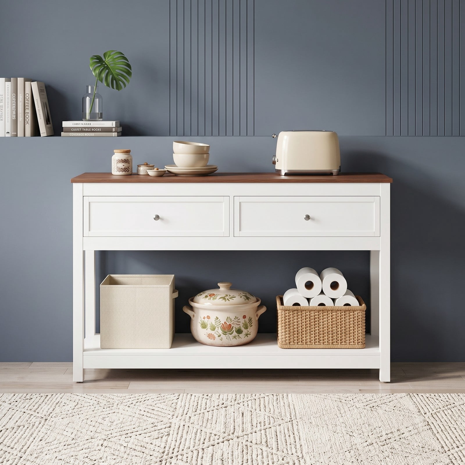 Furnibear Farmhouse Console Table with 2 Drawers and Open Storage Shelf and Two-Tone Wood Top for Entryway and Hallway, White