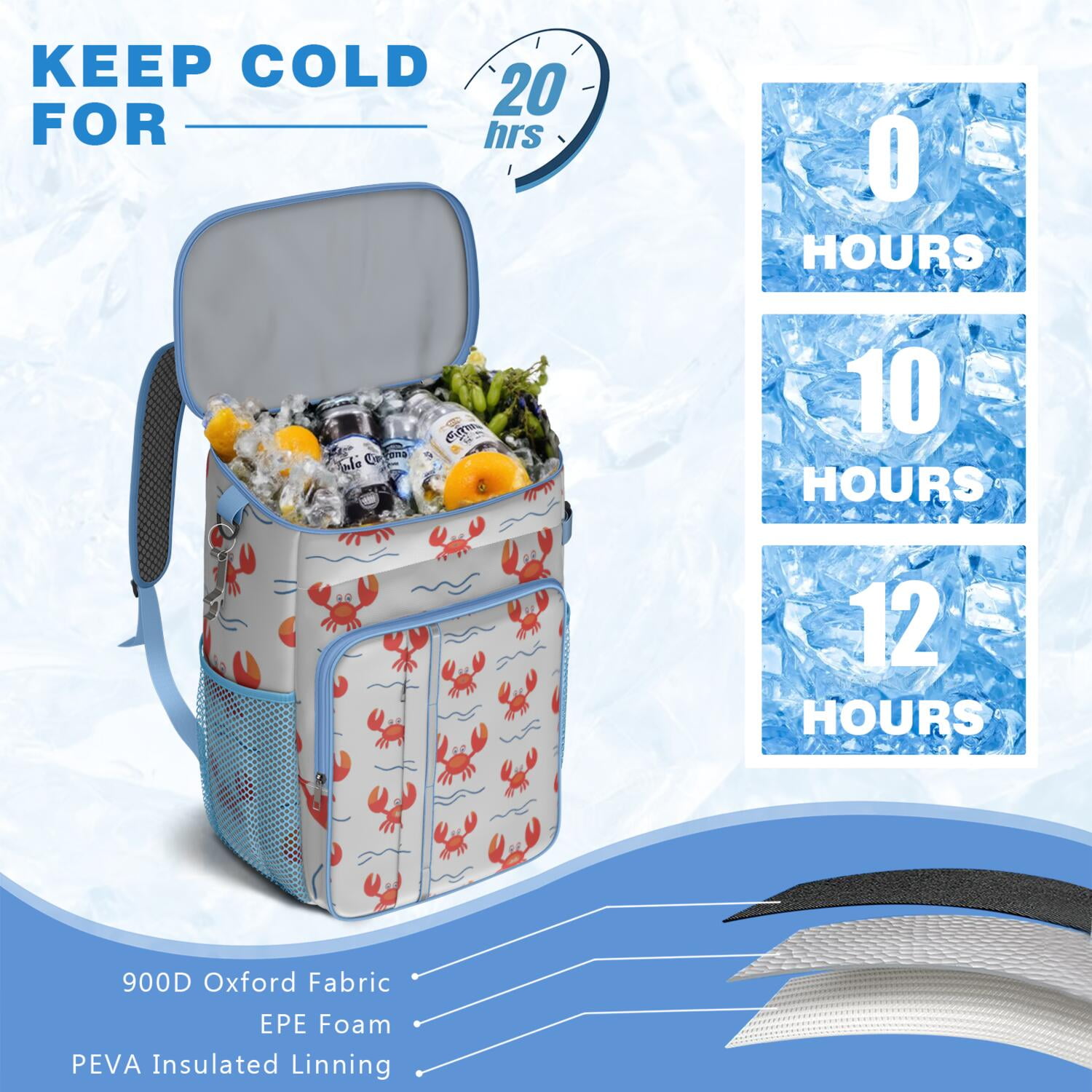Marine Adorable Crab Cooler Backpack Insulated Waterproof Leak Proof Insulated Cooler Backpack Lightweight Lunch Picnic Camping Backpack Cooler for Office Workers Outdoor Enthusiasts