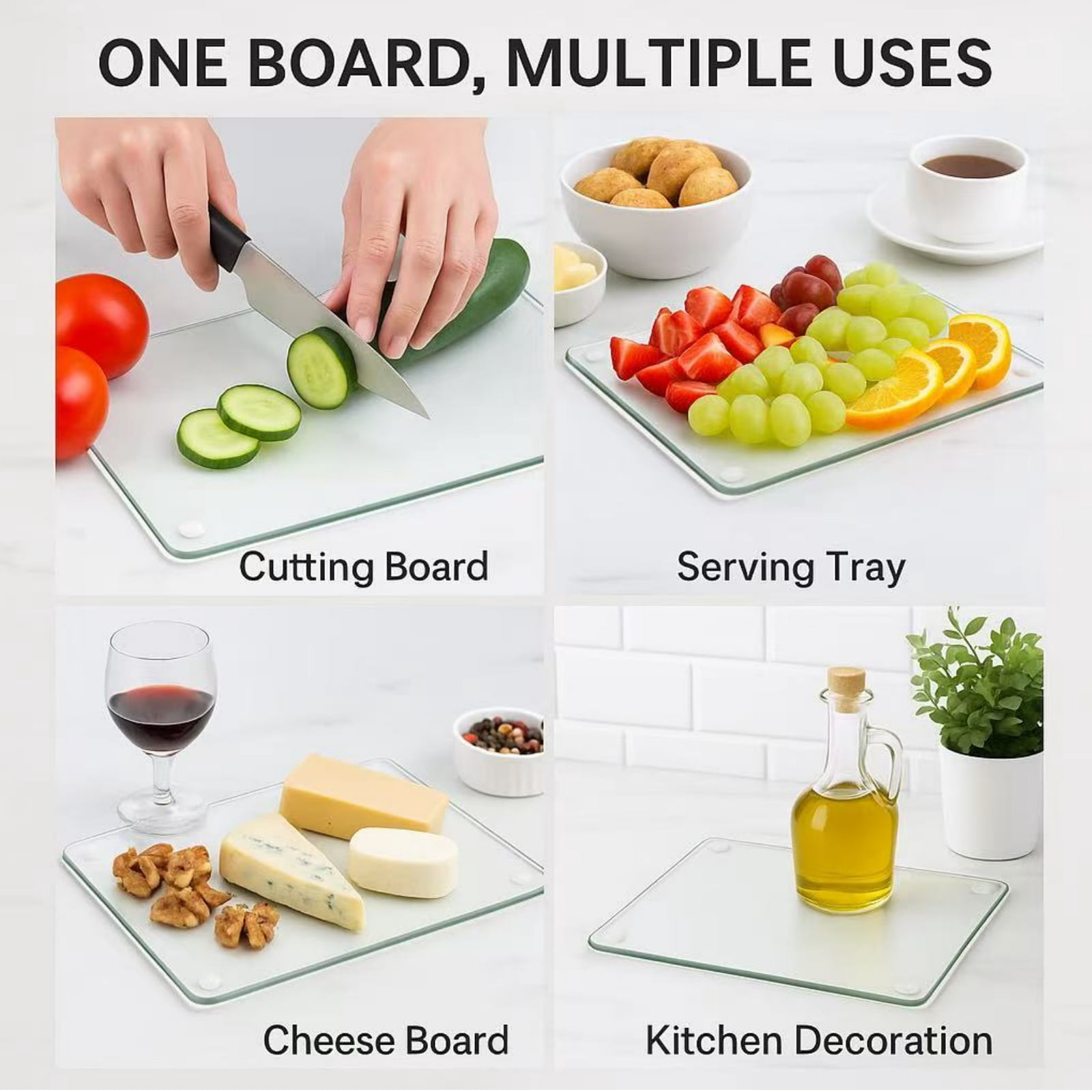 Set of 4 Tempered Glass Cutting Boards for Kitchen, Clear Non-Slip Chopping Boards with Rubber Feet, Heat-Resistant Shatterproof Countertop Protector, 2 Sizes (16"x12" & 12"x8")