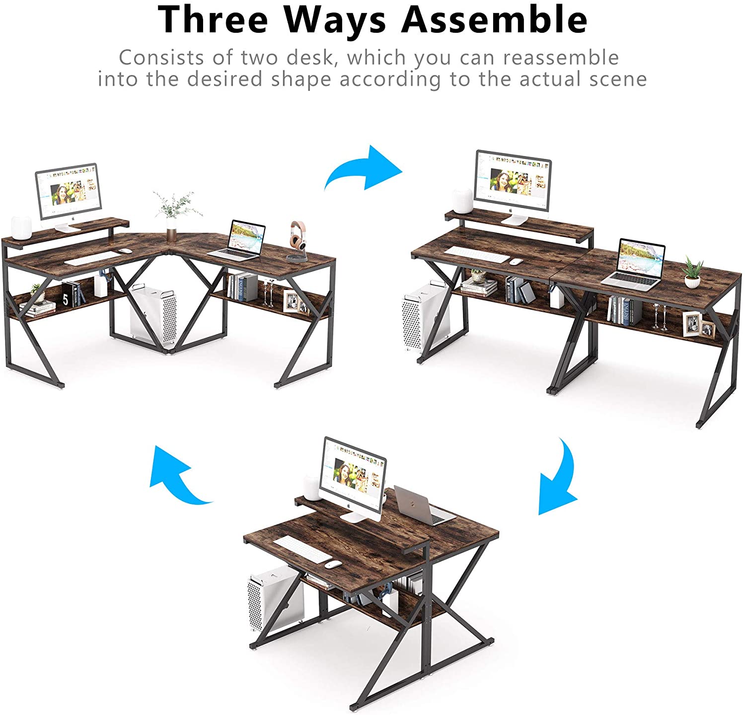 Tribesigns L Shaped Desk with Storage Shelves, 55 inch Corner Computer Desk with Monitor Stand, Large Study Writing L Desk for Home Office, Rustic Brown