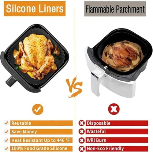Air Fryer Silicone Liners for Ninja AF140 AF141 AF180 AF181 Air Fryer for Philips HD9270 Basket Baking,9inch Reusable square,Black×2 pack