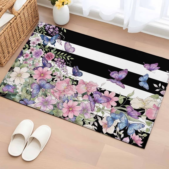 Bathroom Rugs 2x3 Ft, Pink Flowers Non Slip Area Rugs for Kitchen Bedroom Entryway, Spring Floral Watercolor Botanical Farmhouse Striped Washable Carpet Runner Rug Floor Mats for Bedroom Home Decor