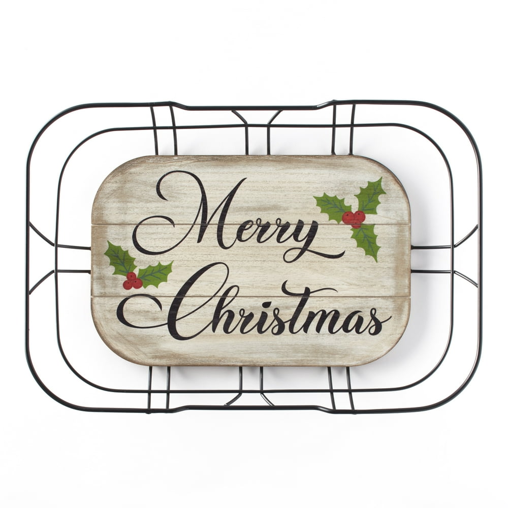 Merry Christmas Serving Tray with Metal Wire Frame Handles and Holly