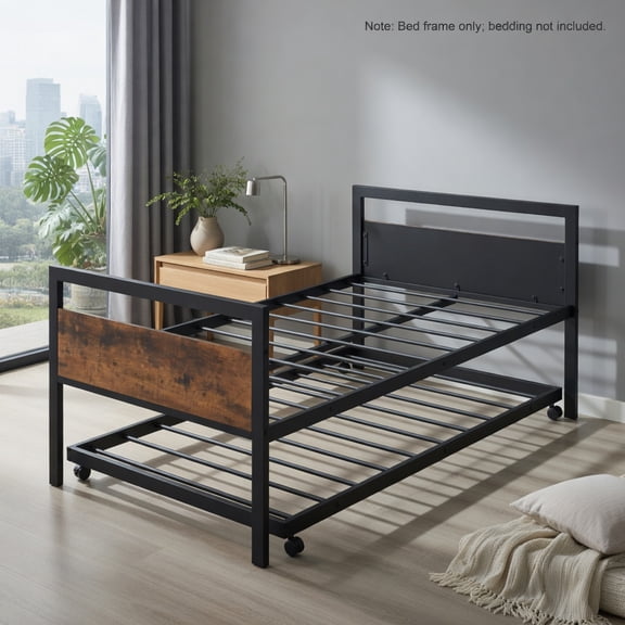 Demi Bonn Twin Size Metal Daybed with Trundle Lockable Wheels, Modern Bed Frame for Teens, Black