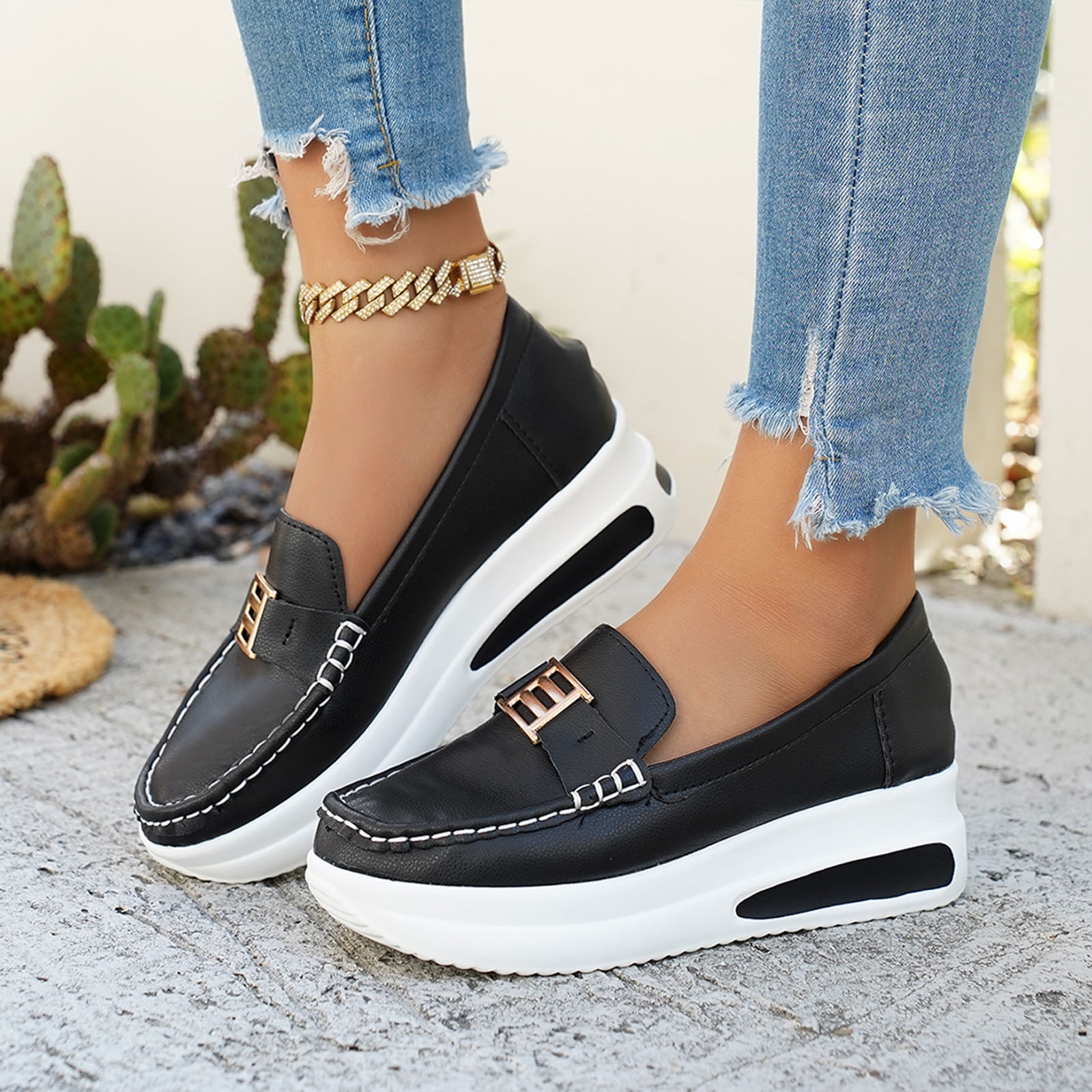 Rokment Women's Platform Wedge Walking Shoes Low Top Fashion Sneakers 2026 Spring Fall Leather Chunky High Heel Slip-on Nursing Work Loafers Black Size 8.5