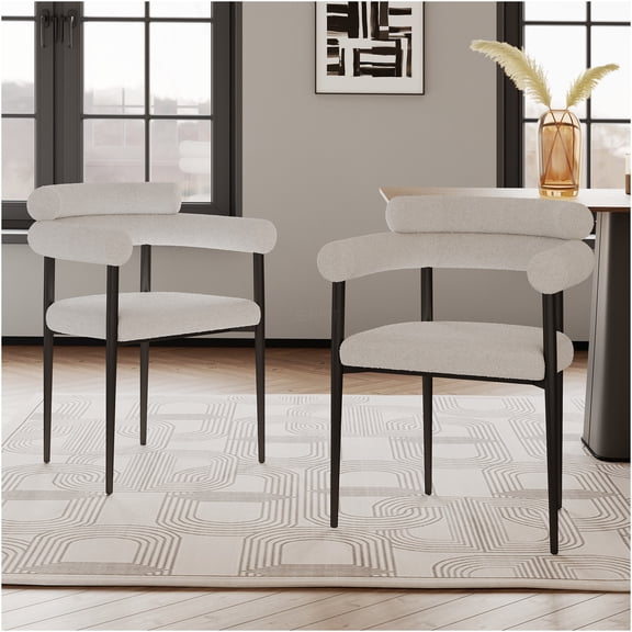 JERFIT Modern Dining Chairs Set of 2, White Boucle Upholstered Armchairs with Black Metal Legs for Kitchen Dining Room