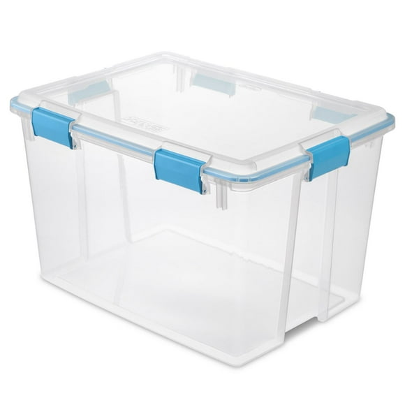 Sterilite 76 Liter Gasket Box, Weather-Resistant Large Clear Storage Bin with Latch Lid, Blue