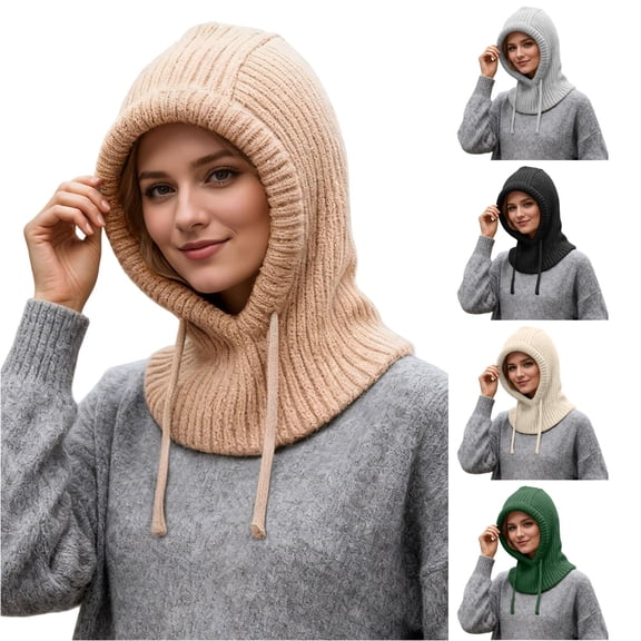 XIAOCHA Warm Balaclava for Women,Drawstring Rib‑Knit Fall‑Winter Outdoor Hoodhat,Khaki