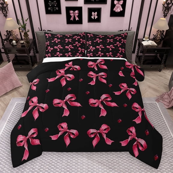 Homewish Black Pink Bowknot Full Size Comforter Sets for Kids, Kawaii Princess Ribbon Bedding Comforter Set, Cute Cartoon Reversible Bedding Sets, Super Cozy Room Decor, 3-Piece