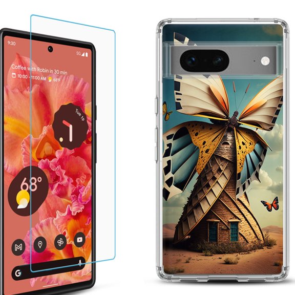 OneToughShield ® for Google Pixel 7a Shockproof Bumper Phone Case, with Tempered Glass Screen Protector - Butterfly Windmills