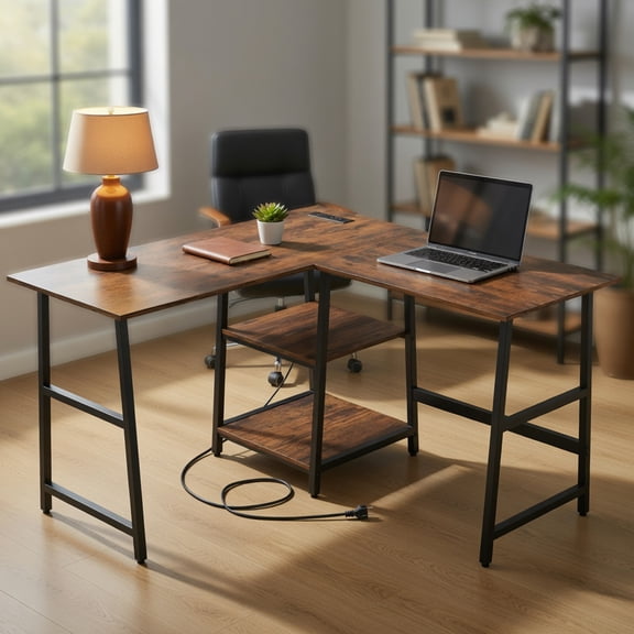 Spaco L Shaped Corner Computer Desk with Storage Shelves-Brown, Office Desk, Gaming Computer Desks for Study,Working,Writing