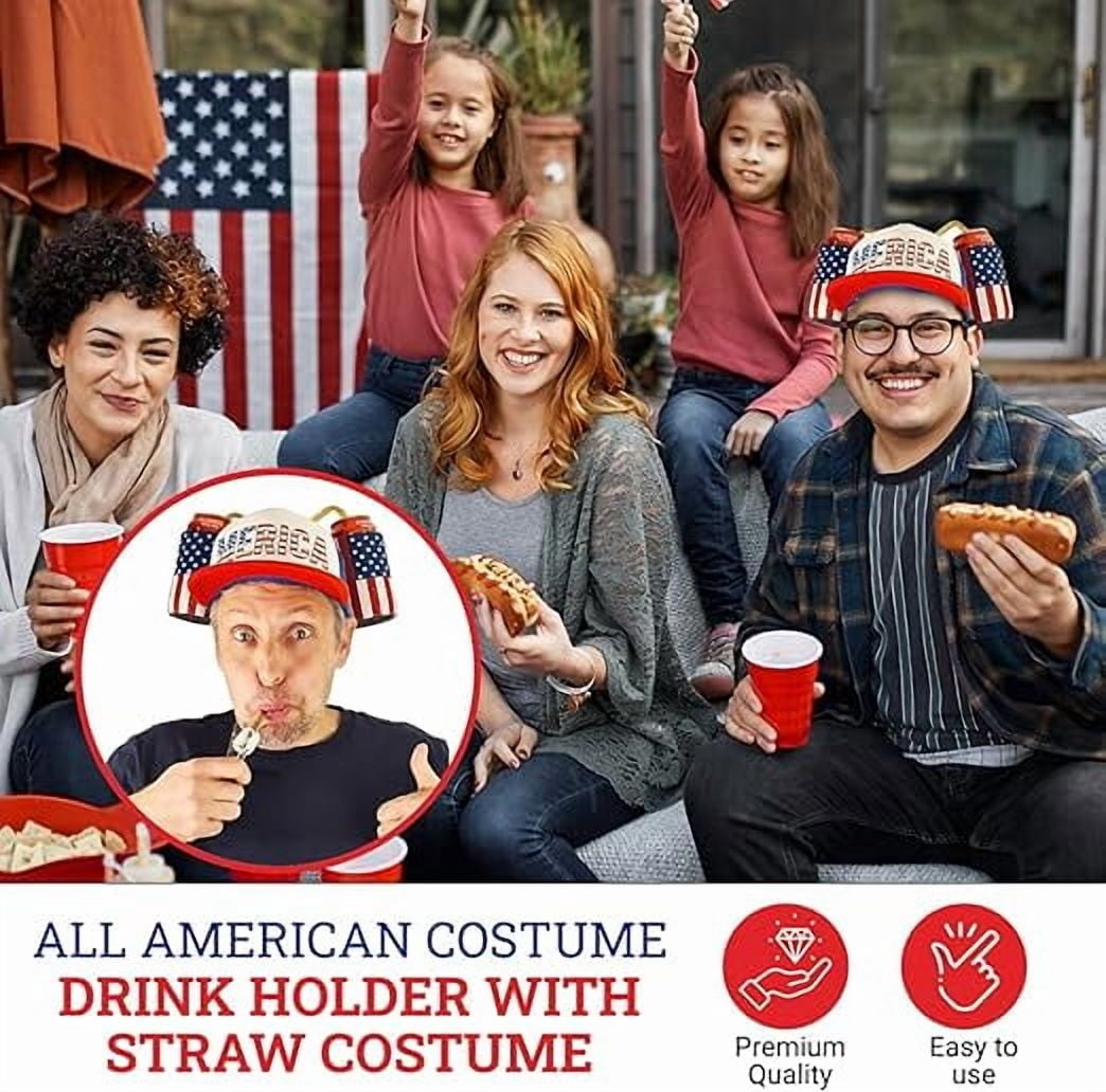 HandinHandCreations USA Merica Drinking Cap Adjustable Size Hat with Straw for Soda or Beverage Guzzler Drink Helmet - America Drinking July 4th Costume - All American Party Gear