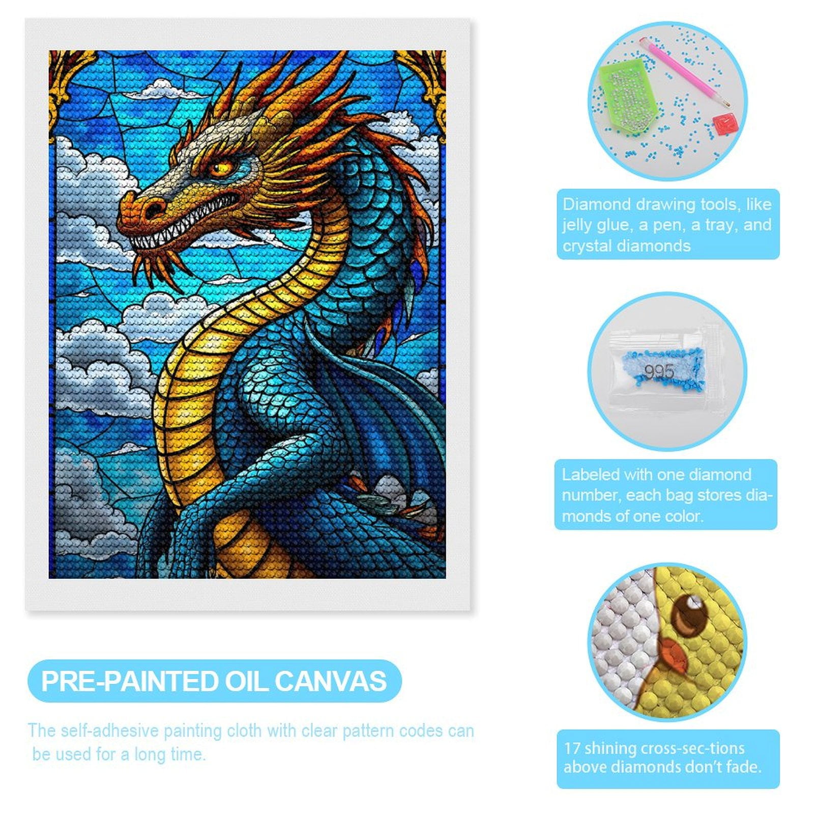 Diamond Art Kits for Adults, Stained Glass Dragon Fantasy Art 5D Diamond Painting Kits for Adults Beginners, DIY Full Drill Diamond Painting, Gem Art and Crafts 12x16