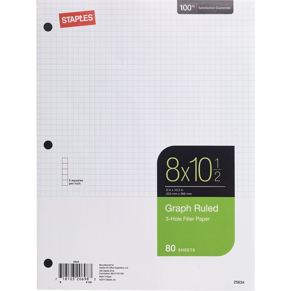 Staples Graph Ruled Filler Paper 5x5 8" x 101/2" 80 Sheets TR25634M/25634
