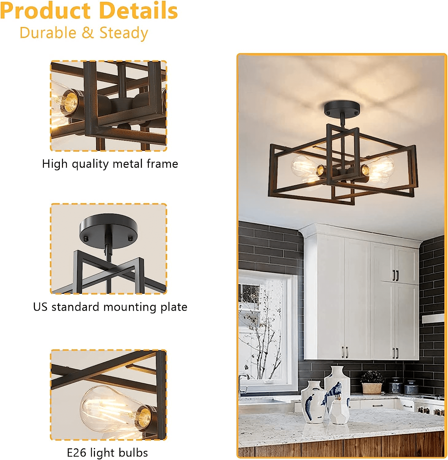 Flush Mount Ceiling Light Fixture Industrial Metal Close to Ceiling Lights,Farmhouse Lighting for Hallway Bedroom Kitchen Dining