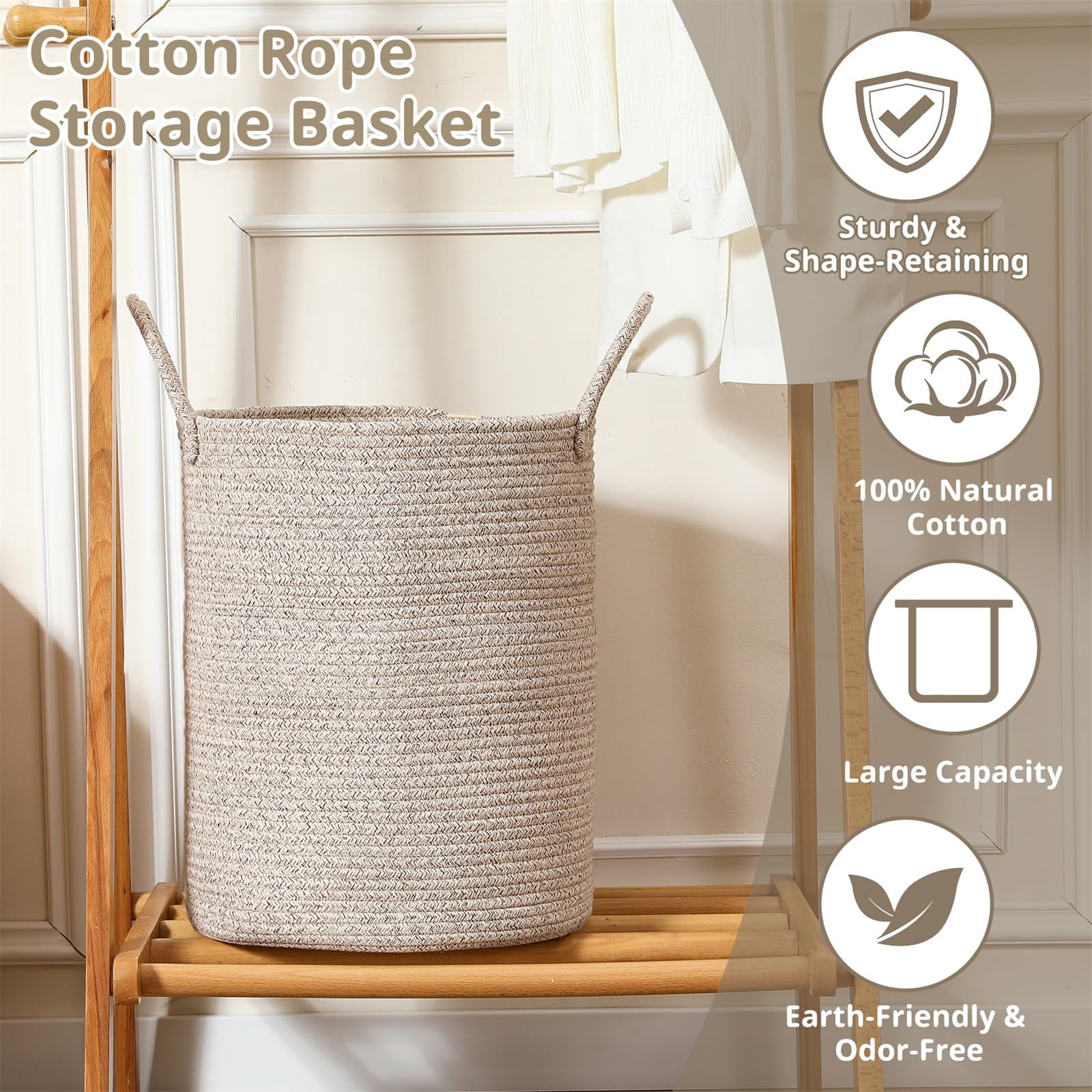 60L Large Woven Laundry Basket Hamper, 100% Natural Cotton Rope, Handwoven & Durable, Storage for Blankets, Toys, Clothes, Nursery Hamper for Living Room, Baby Room, Bedroom (Brown and White)