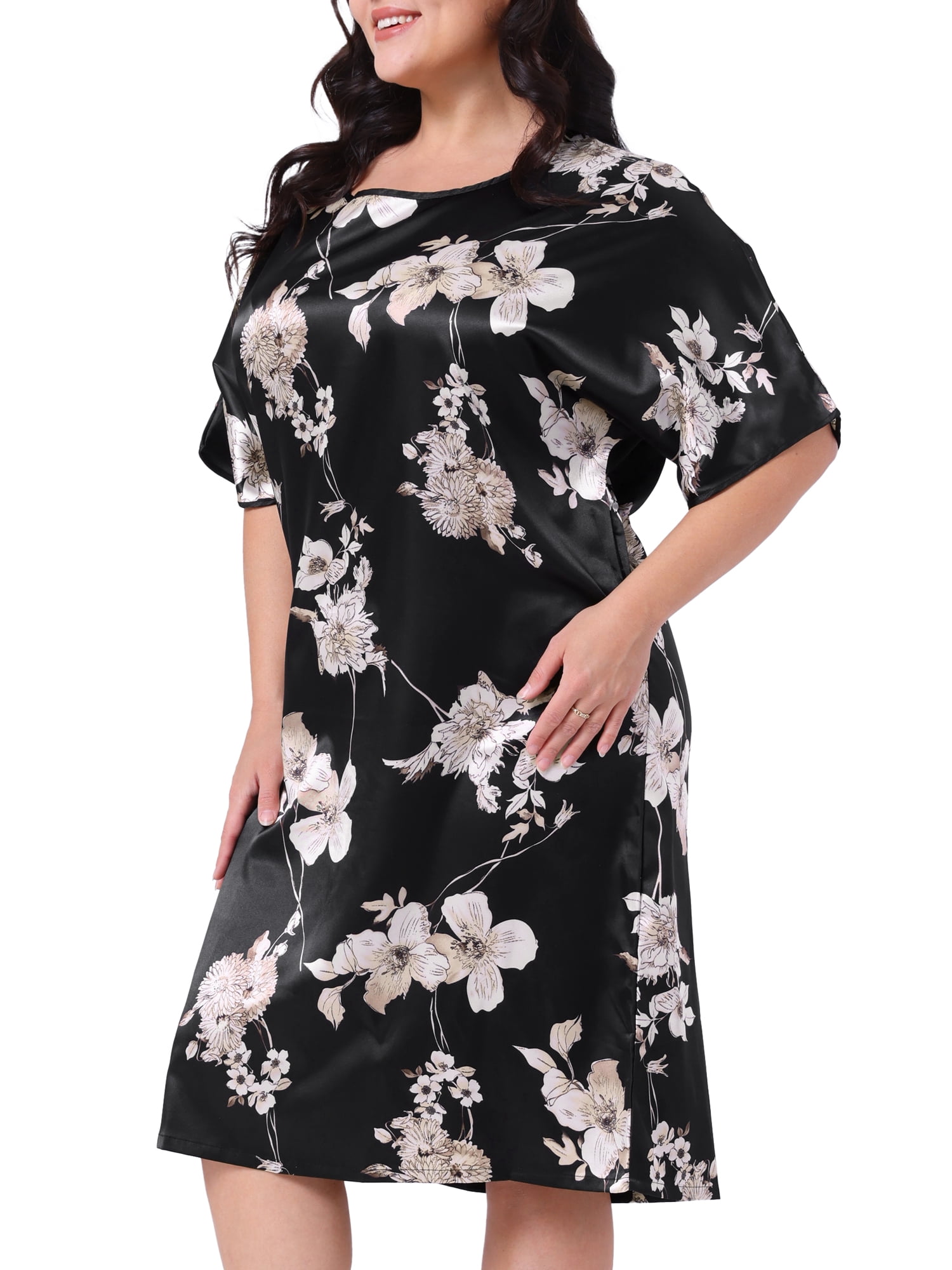 DARING DIVA Women's Plus Size Satin Floral Short Sleeve Round Neck Nightgown 4X Black