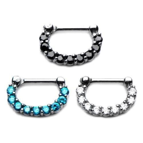 316L Surgical Steel Septum Clicker Helix Nose Ring Clear & Aqua 5 Stone Hoop 14G 